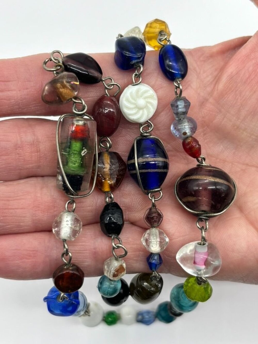 Vintage Art Glass Beaded Necklace Wire Wrapped Linked Blues Greens OOAK Unsigned